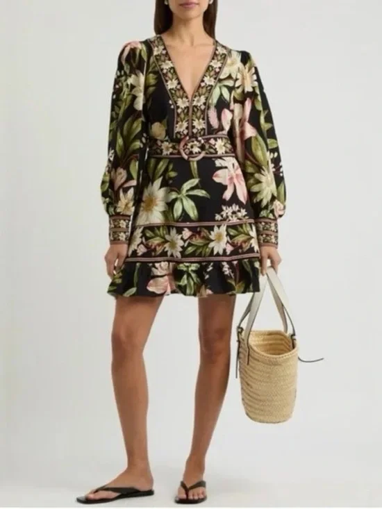 FARM RIO Belted Floral Mini Dress M - Picture 2 of 5